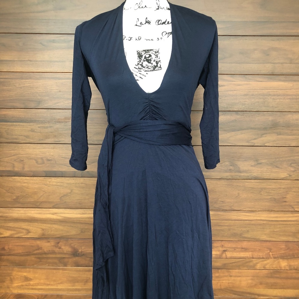 Deep V Neck Backless Long Sleeve Navy Dress